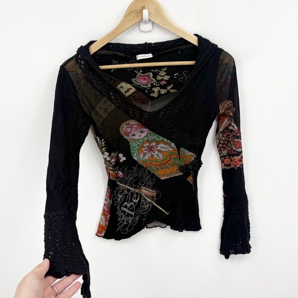 Vintage Euro Y2K Mesh Top Medium Matryoshka Flare Sleeve Cyber Crochet Artsy